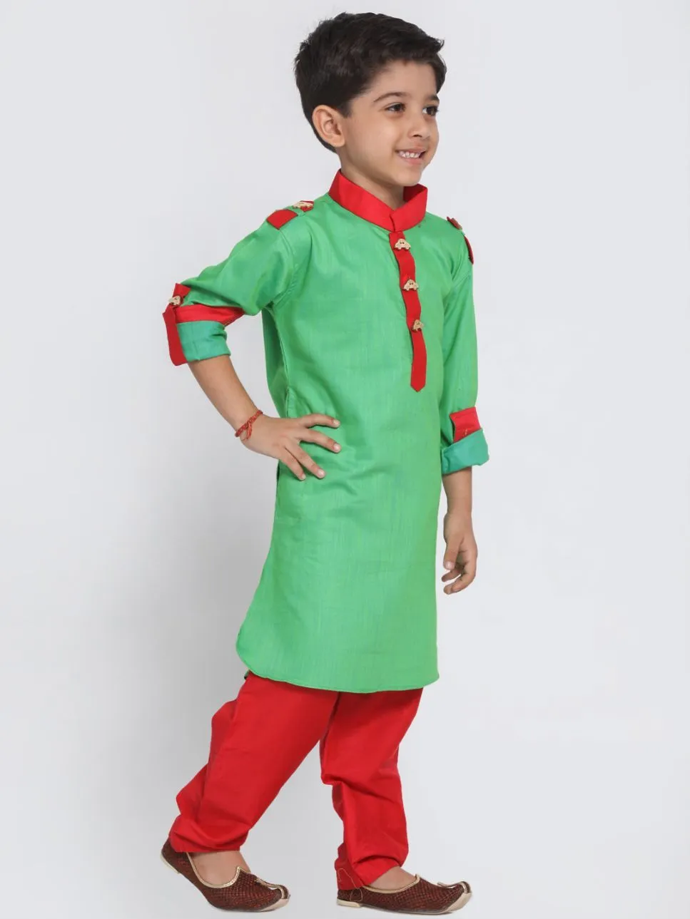 Jashvi Boys Green Cotton Pathani Suit Set