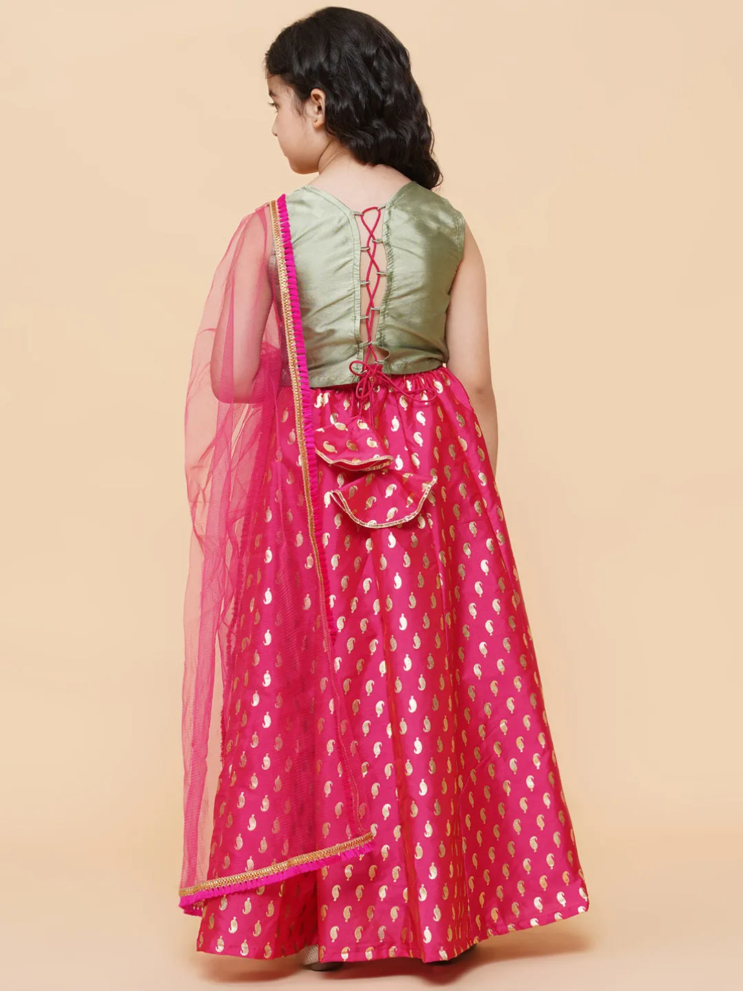 Jashvi  Girls Green & Pink Embroidered Foil Print Ready to Wear Lehenga Choli