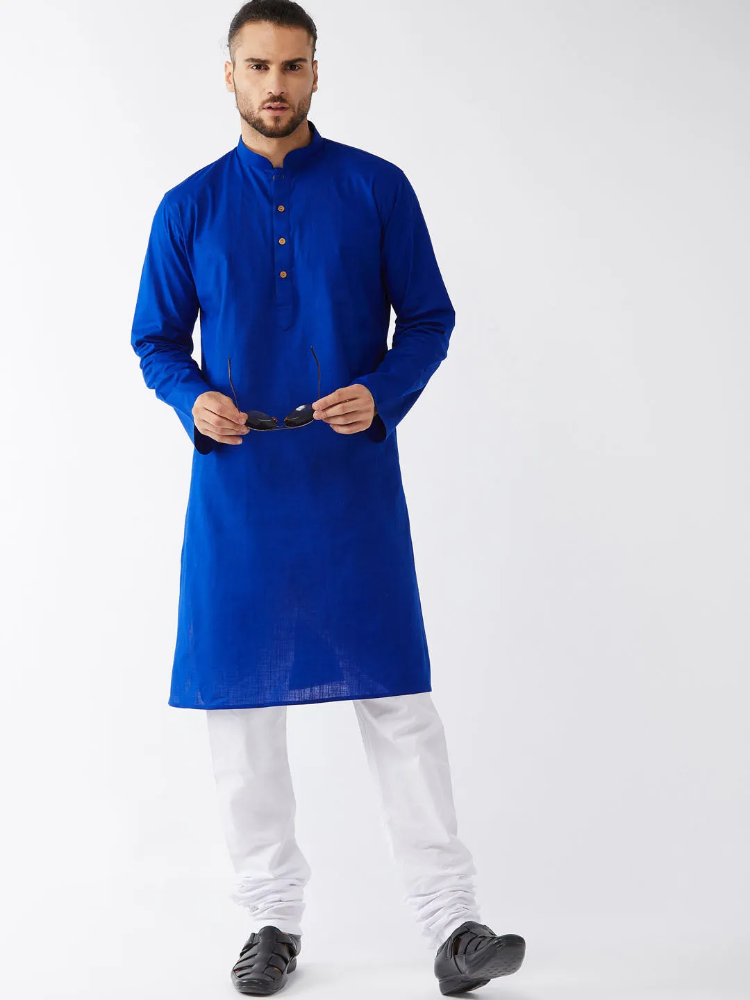 Jashvi Men's Blue Cotton Linen Blend Kurta and Pyjama Set