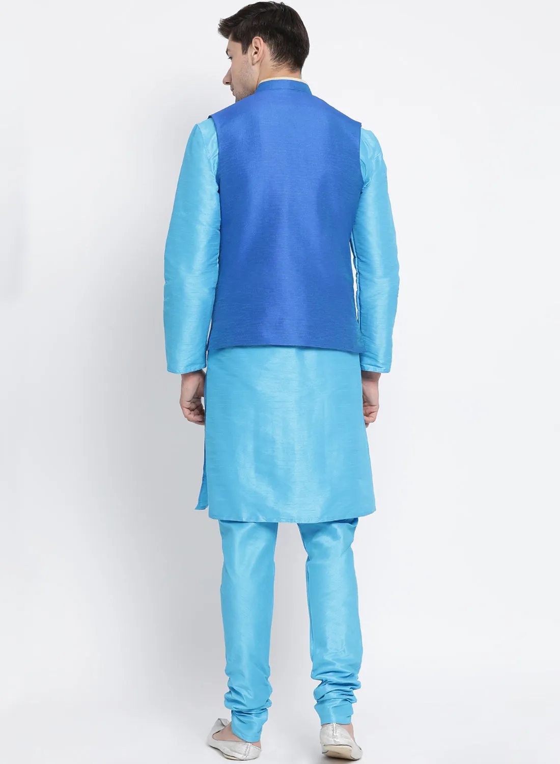 Jashvi Men's Light Blue Cotton Silk Blend Kurta, Ethnic Jacket and Pyjama Set