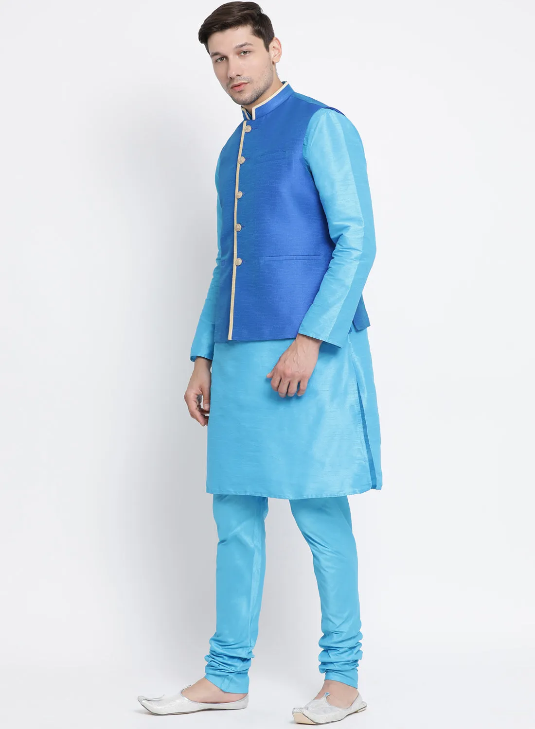 Jashvi Men's Light Blue Cotton Silk Blend Kurta, Ethnic Jacket and Pyjama Set