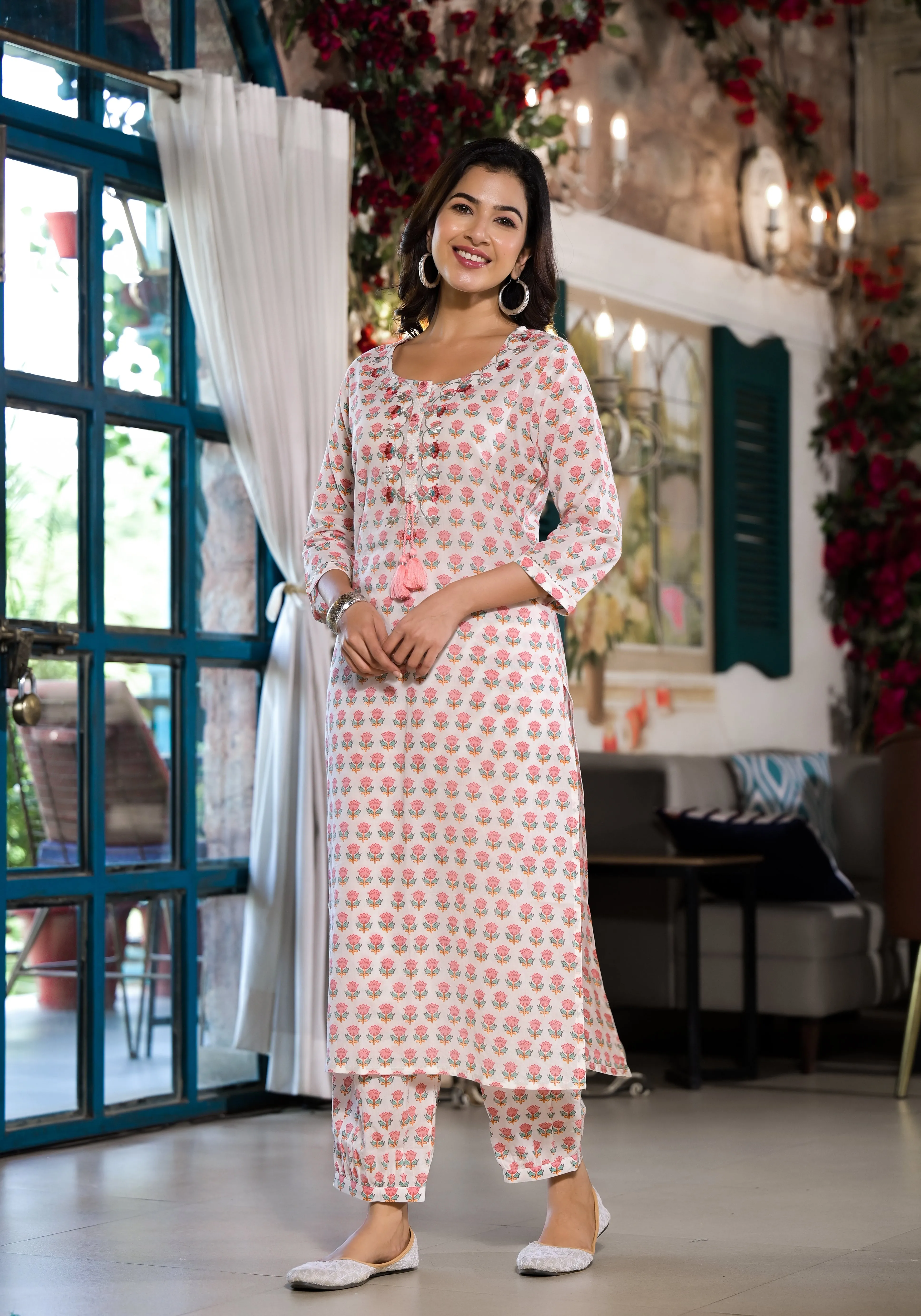 Jashvi White & Pink Floral Printed Cotton Kurta with Trouser