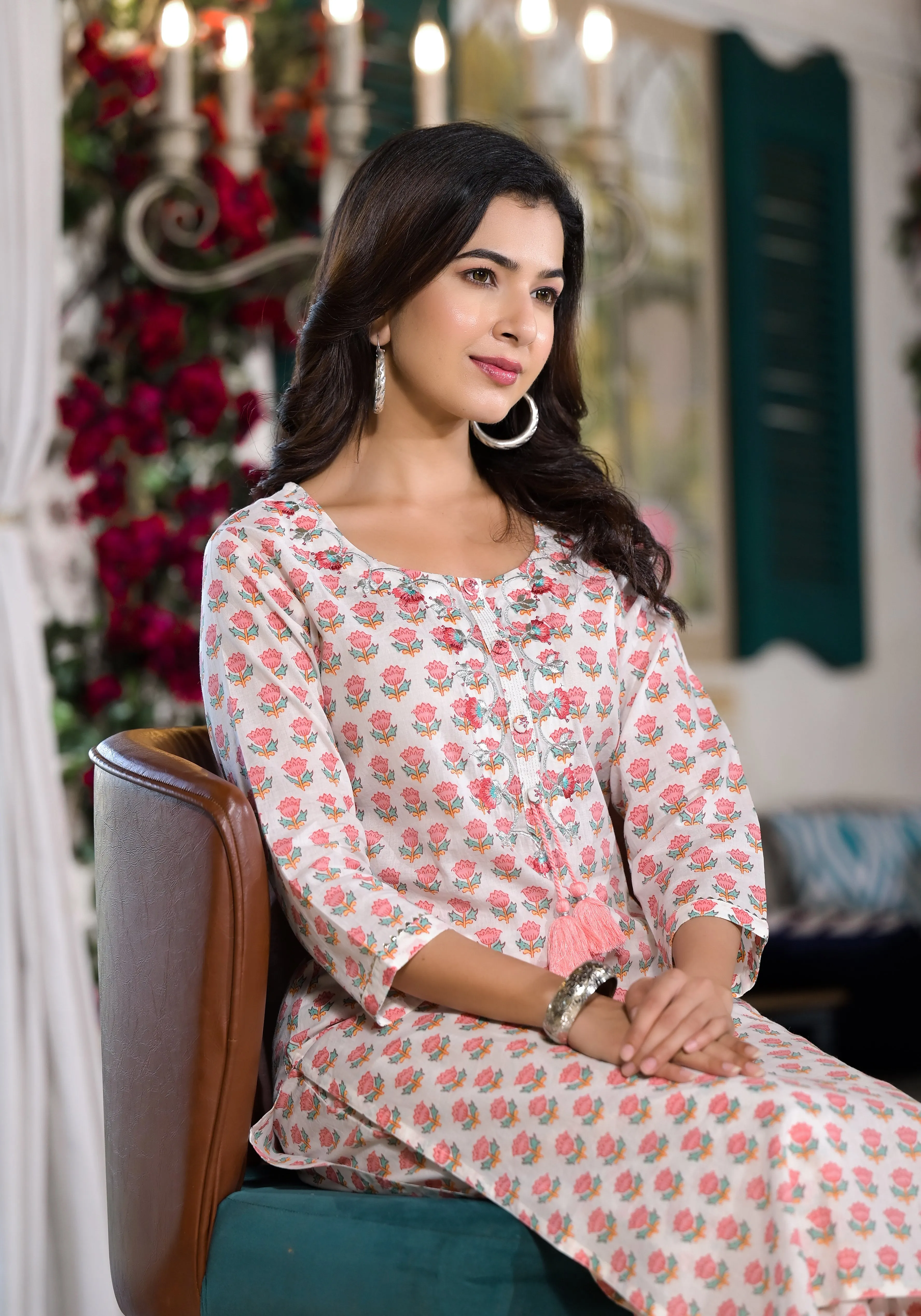 Jashvi White & Pink Floral Printed Cotton Kurta with Trouser