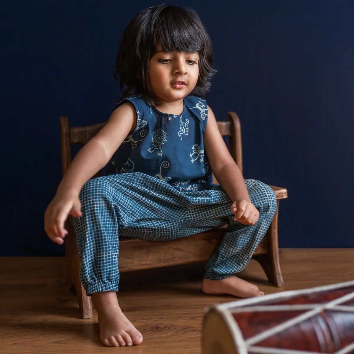 Kids Unisex Organic Cotton Zoo Jhabla with Indigo Check Pants