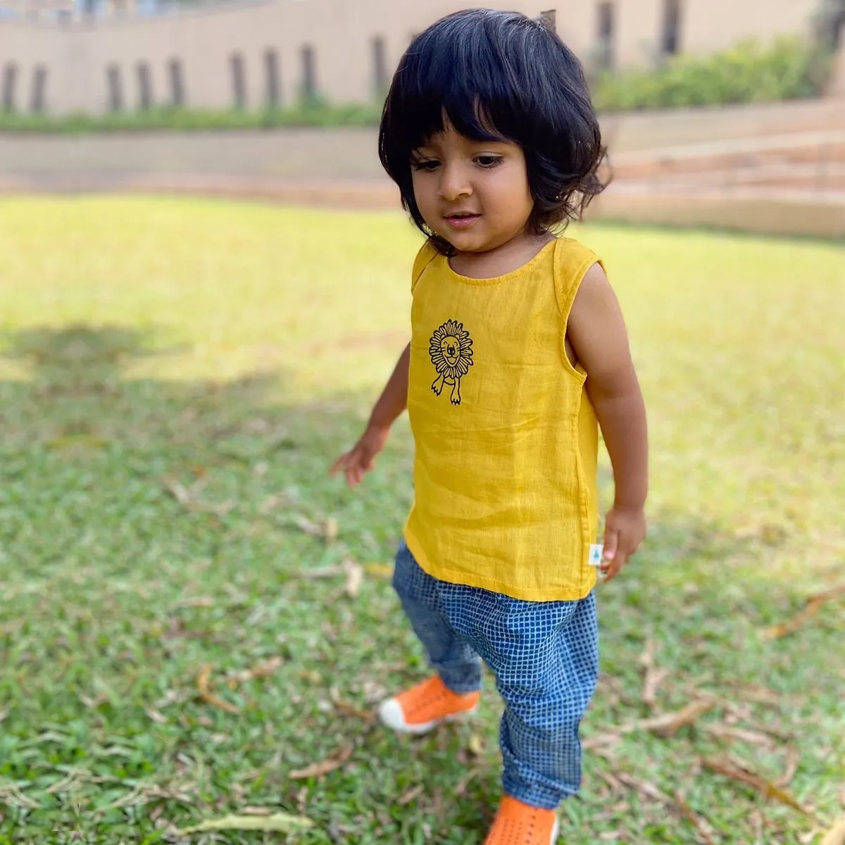 Kids Unisex Organic Cotton Zoo Yellow Jhabla with Indigo Pants