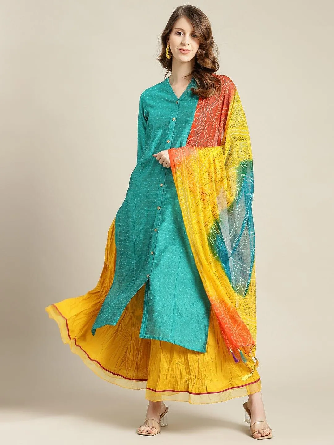 KSUT Turquoise Blue & Mustard Yellow Kurta With Palazzos & Dupatta