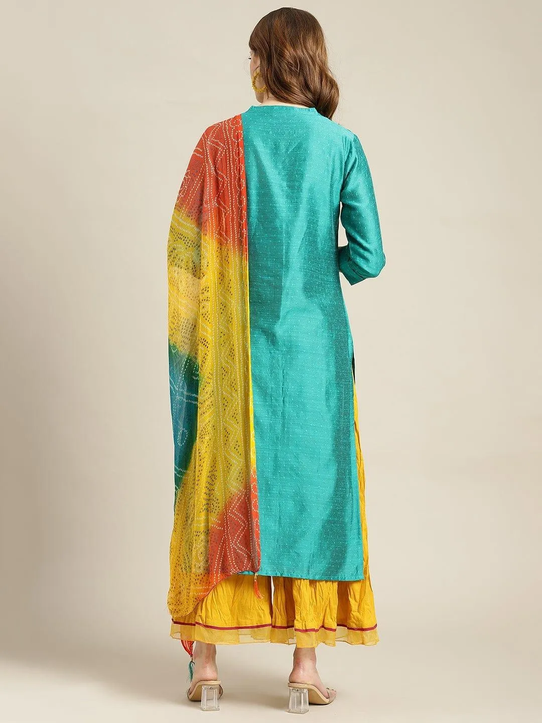 KSUT Turquoise Blue & Mustard Yellow Kurta With Palazzos & Dupatta