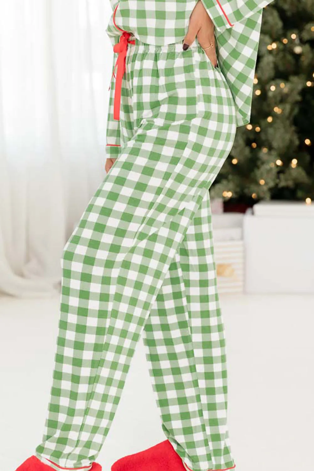 Light Green Plaid Print Shirt and Drawstring Pants Pajama Set