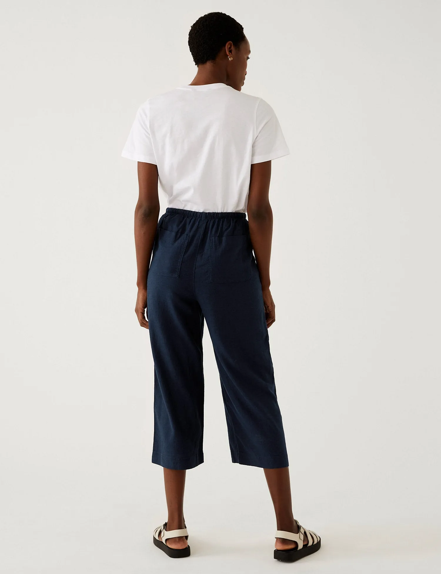 Linen Rich Striped Wide Leg Cropped Trousers