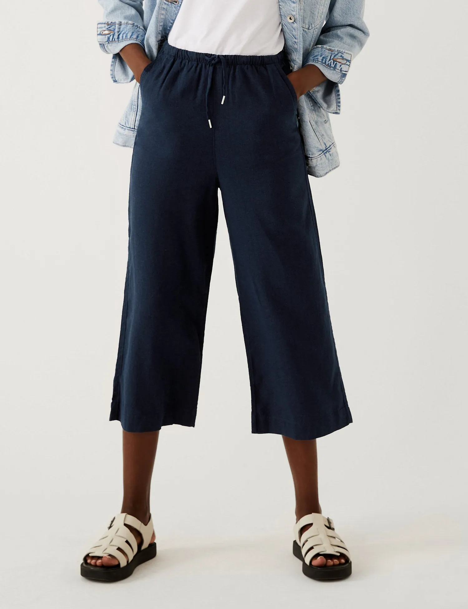 Linen Rich Striped Wide Leg Cropped Trousers