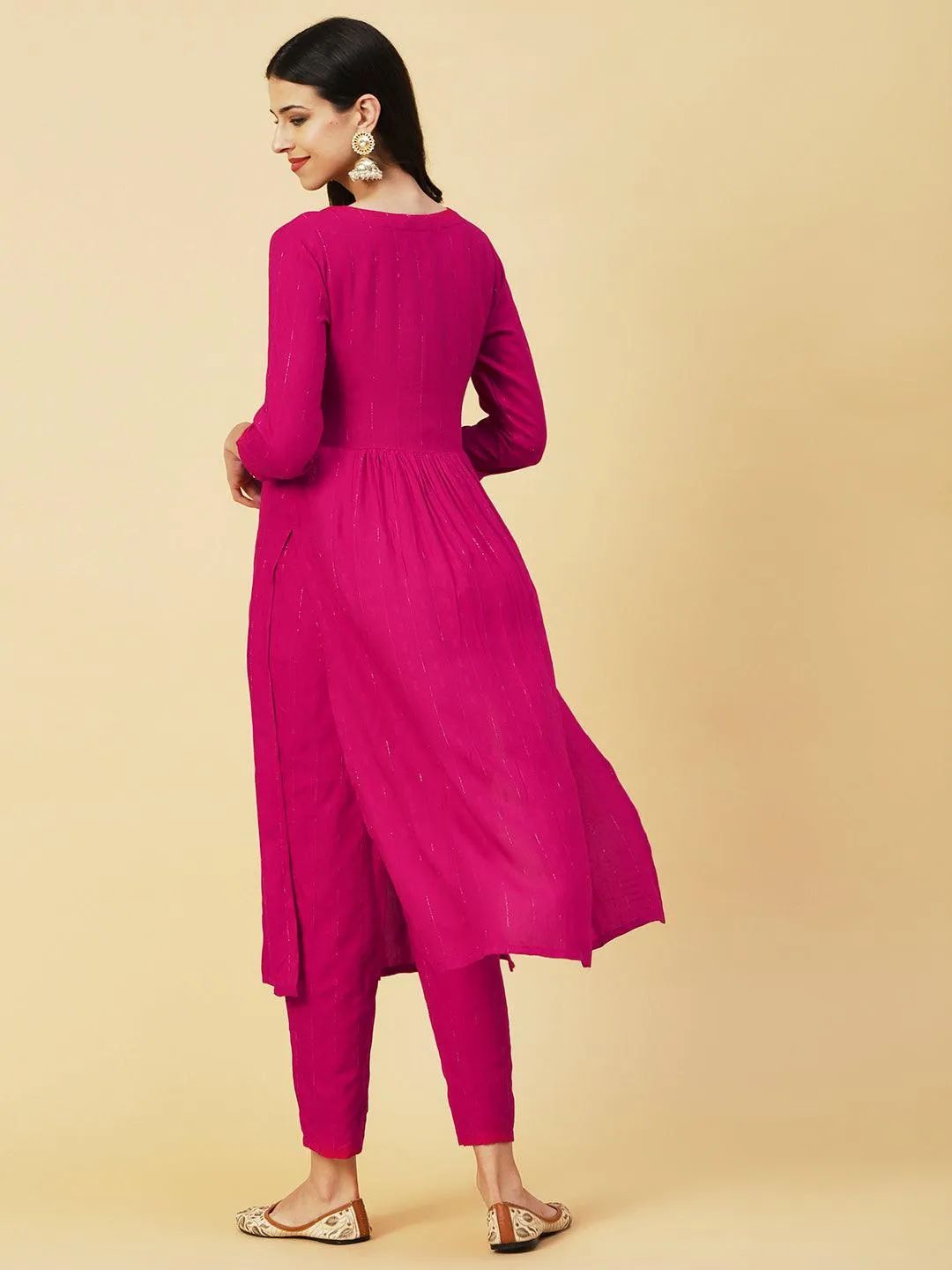 Lurex Striped Dobby Design Zari & Resham Embroidered Kurta With Pants - Magenta