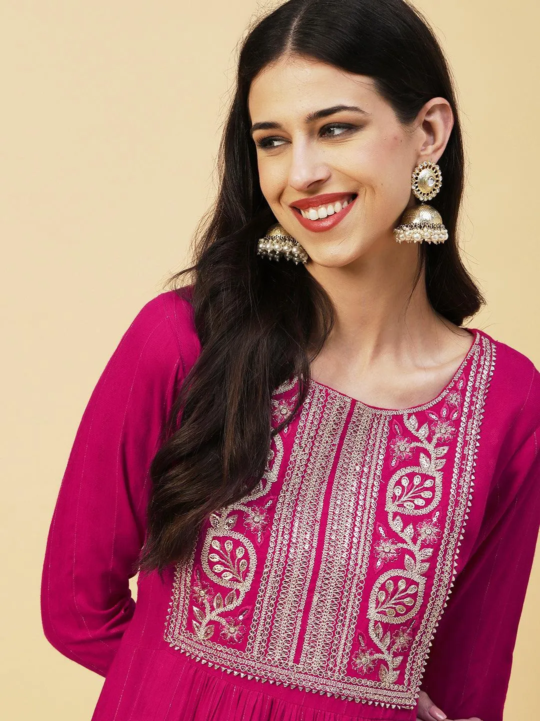 Lurex Striped Dobby Design Zari & Resham Embroidered Kurta With Pants - Magenta