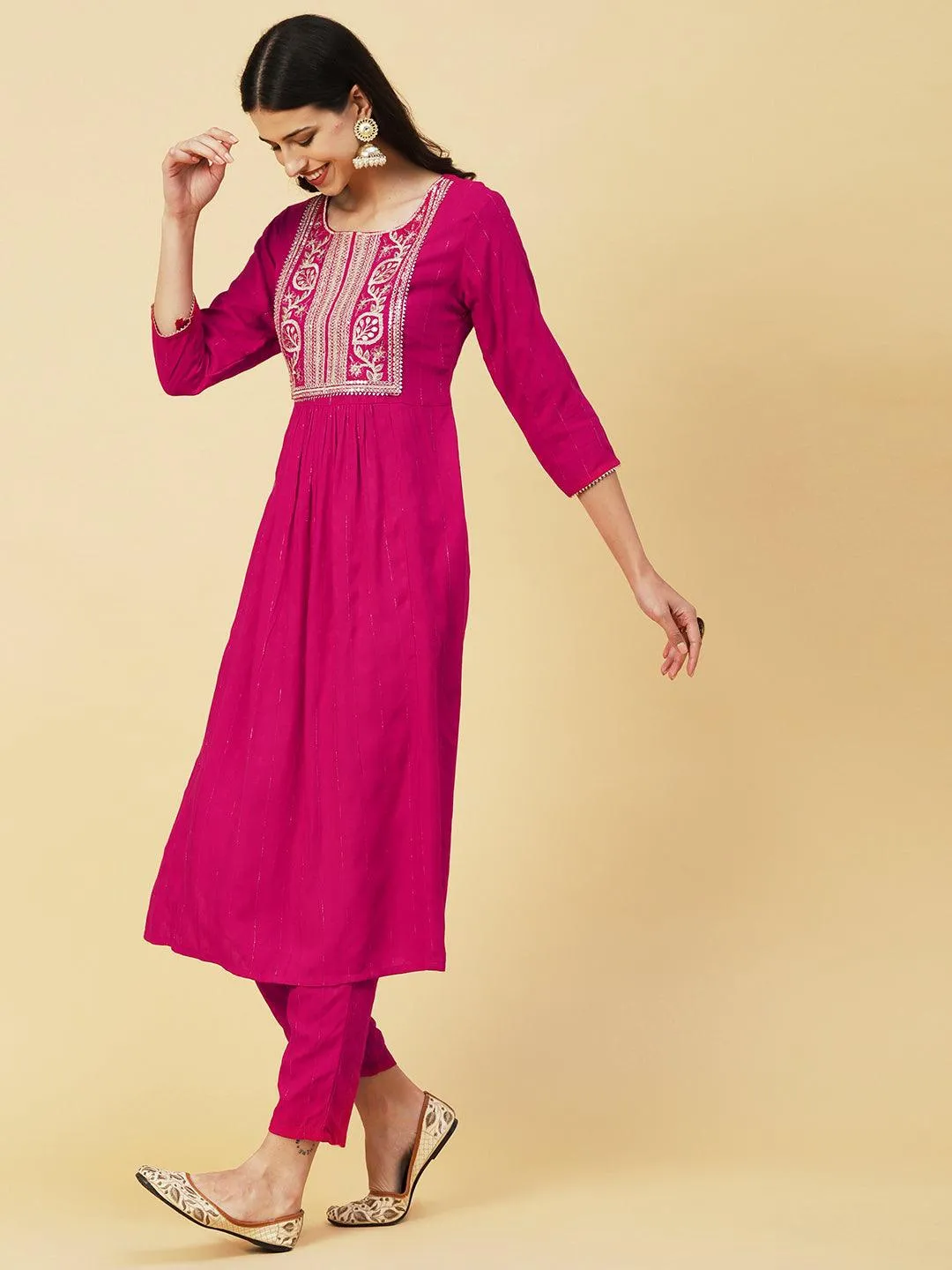 Lurex Striped Dobby Design Zari & Resham Embroidered Kurta With Pants - Magenta