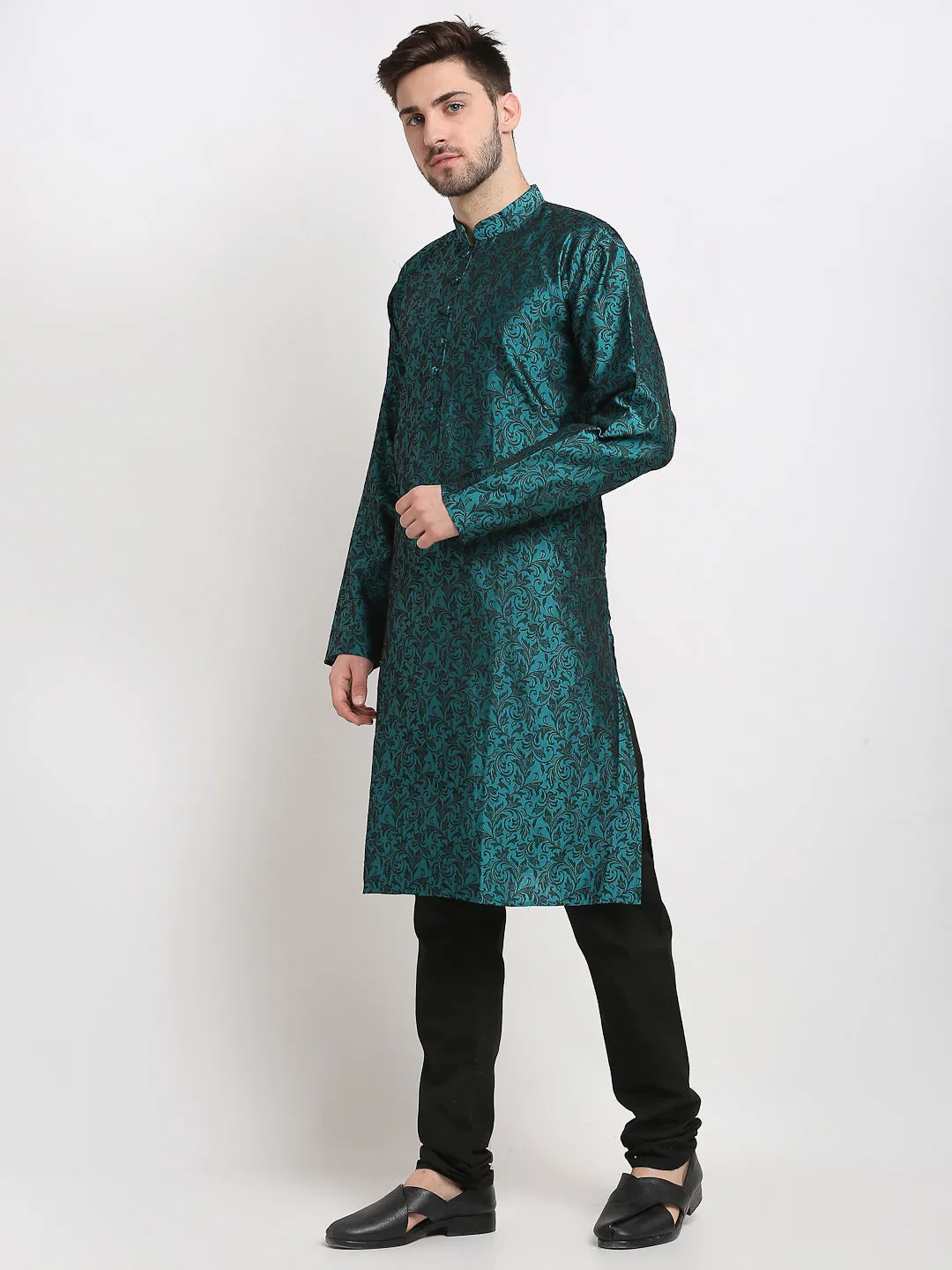 Men Green & Black Self Design Kurta with Churidar