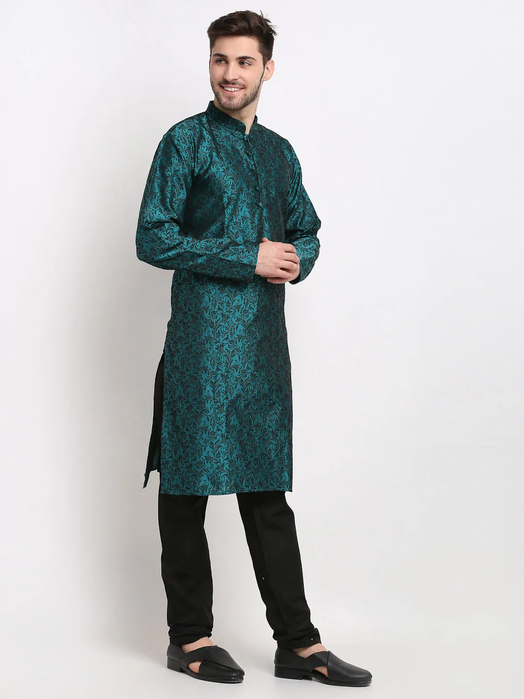 Men Green & Black Self Design Kurta with Churidar