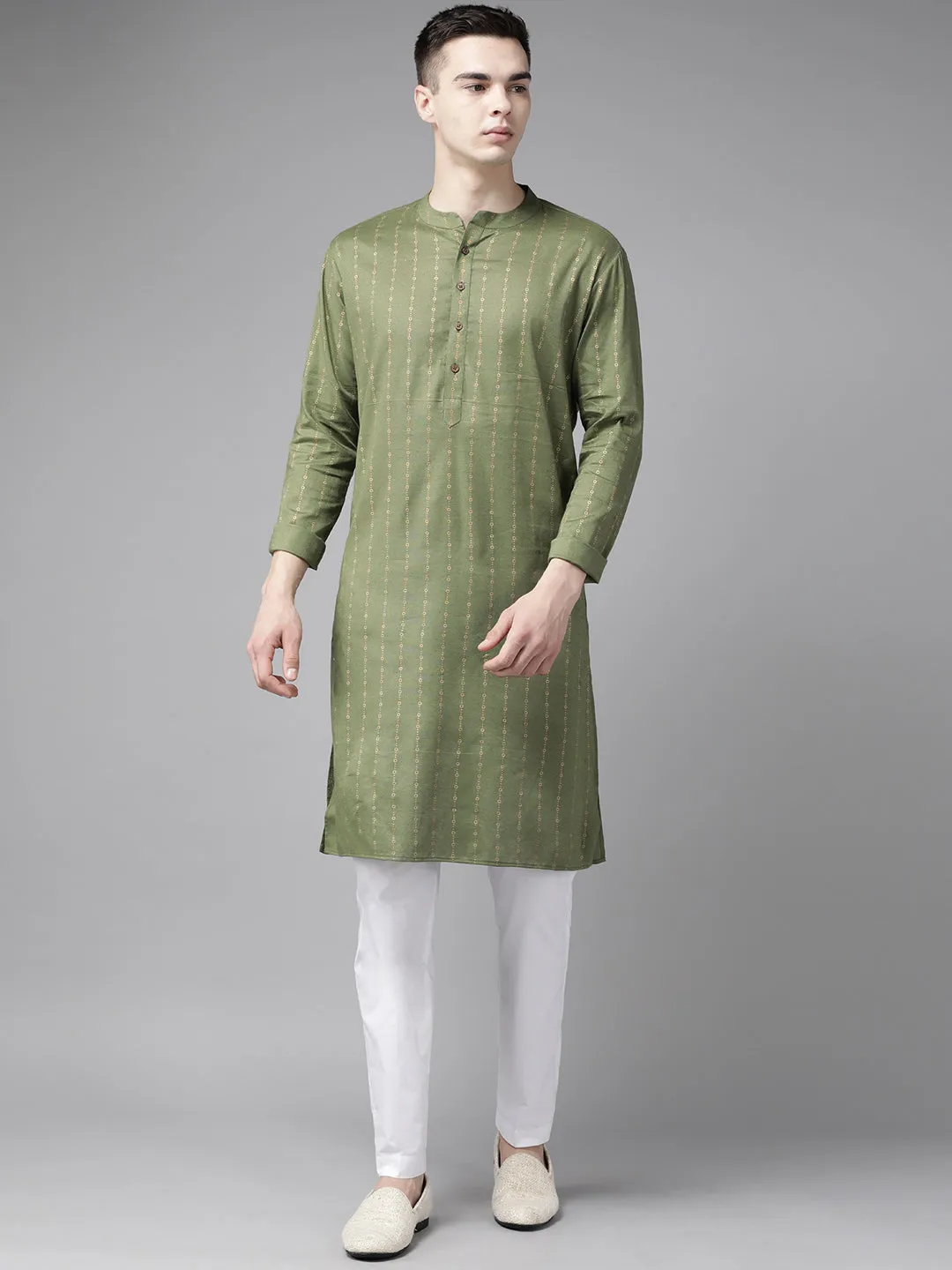 Men Green & Gold Stripe Printed Straight Kurta With Pyjama