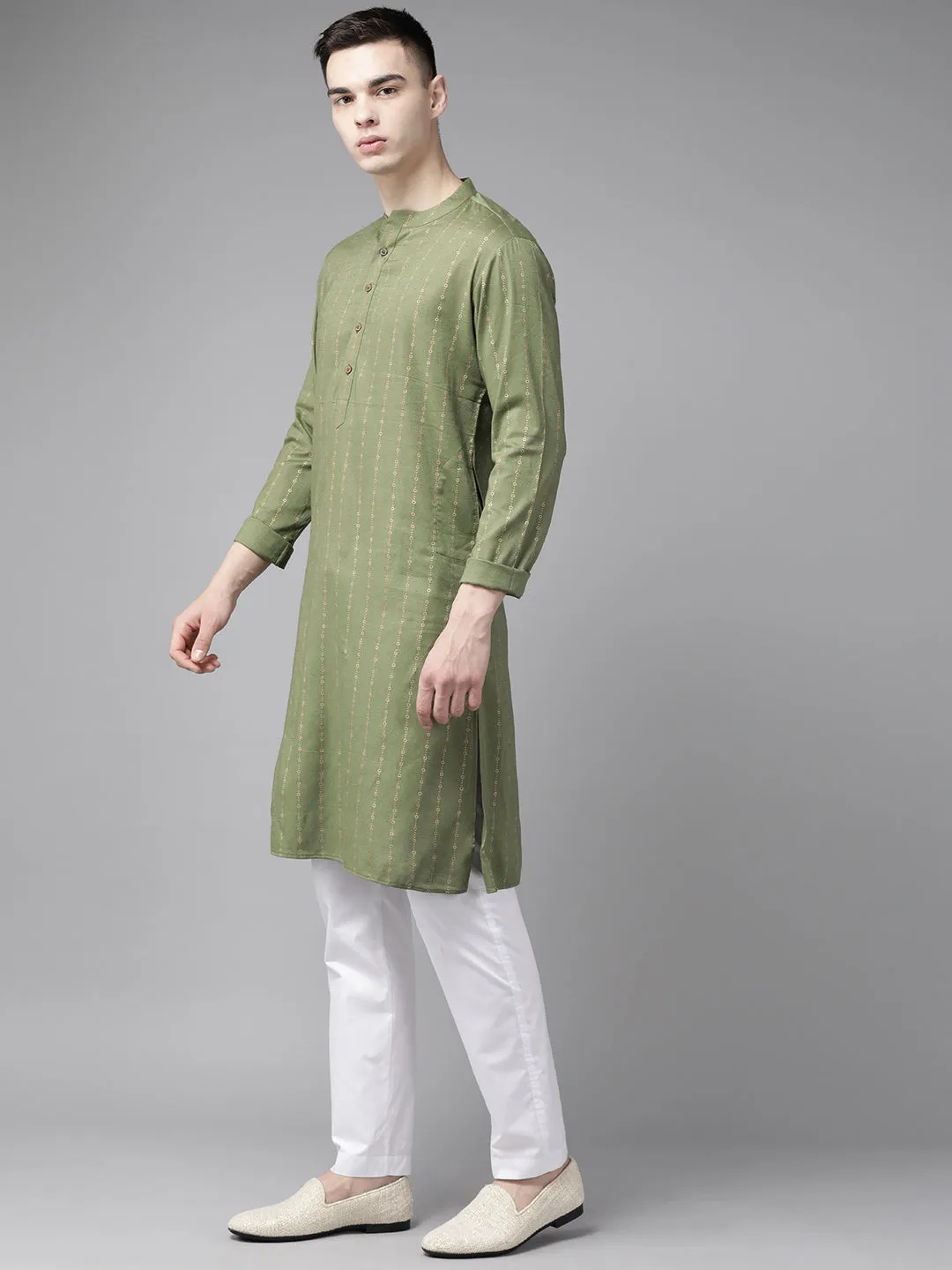 Men Green & Gold Stripe Printed Straight Kurta With Pyjama