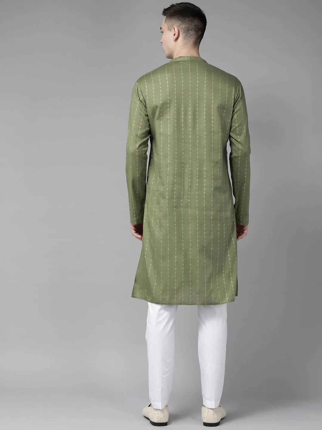 Men Green & Gold Stripe Printed Straight Kurta With Pyjama