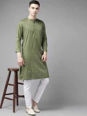 Men Green & Gold Stripe Printed Straight Kurta With Pyjama