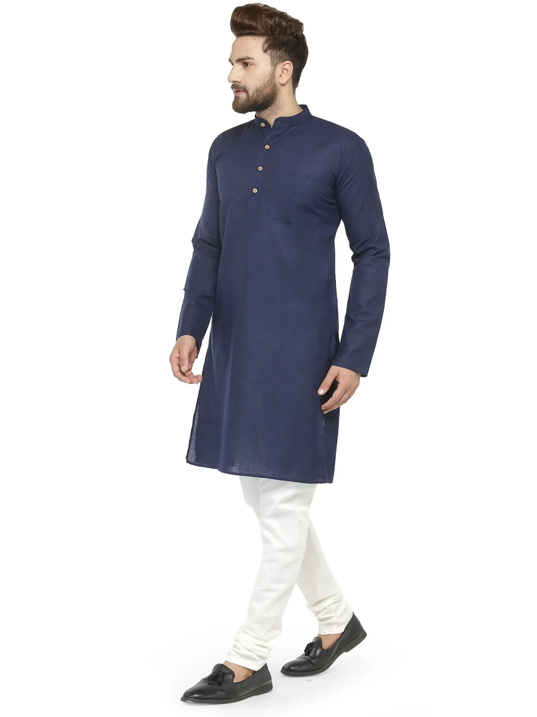 Men Navy Blue & White Solid Kurta With Churidar