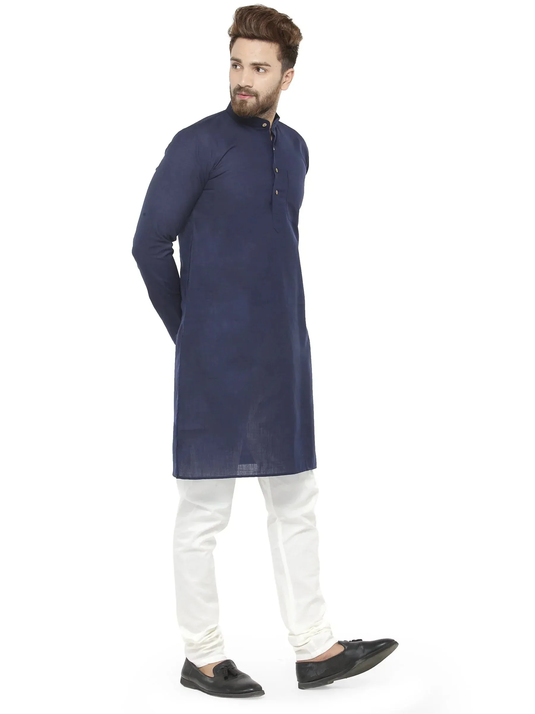 Men Navy Blue & White Solid Kurta With Churidar