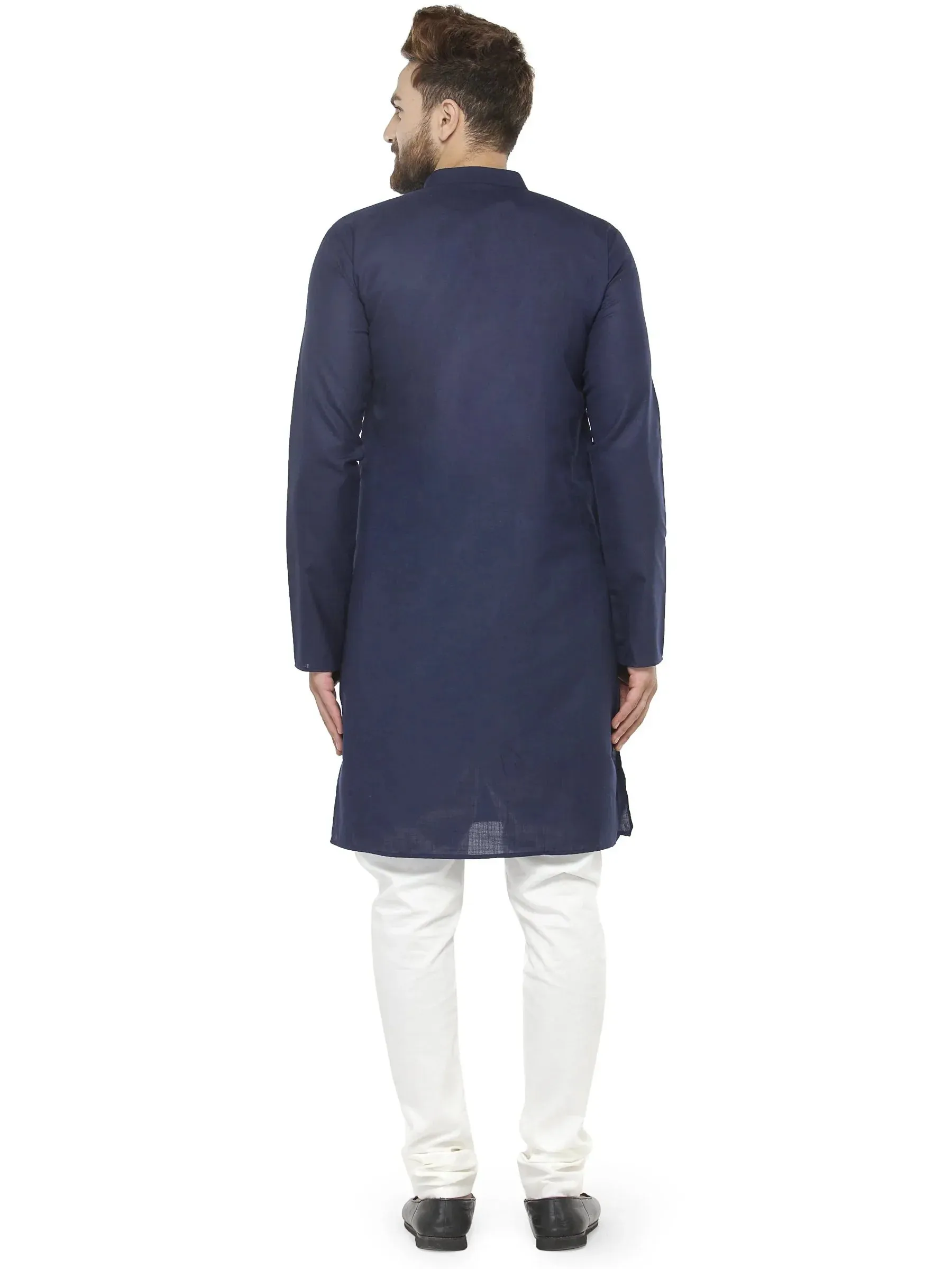 Men Navy Blue & White Solid Kurta With Churidar