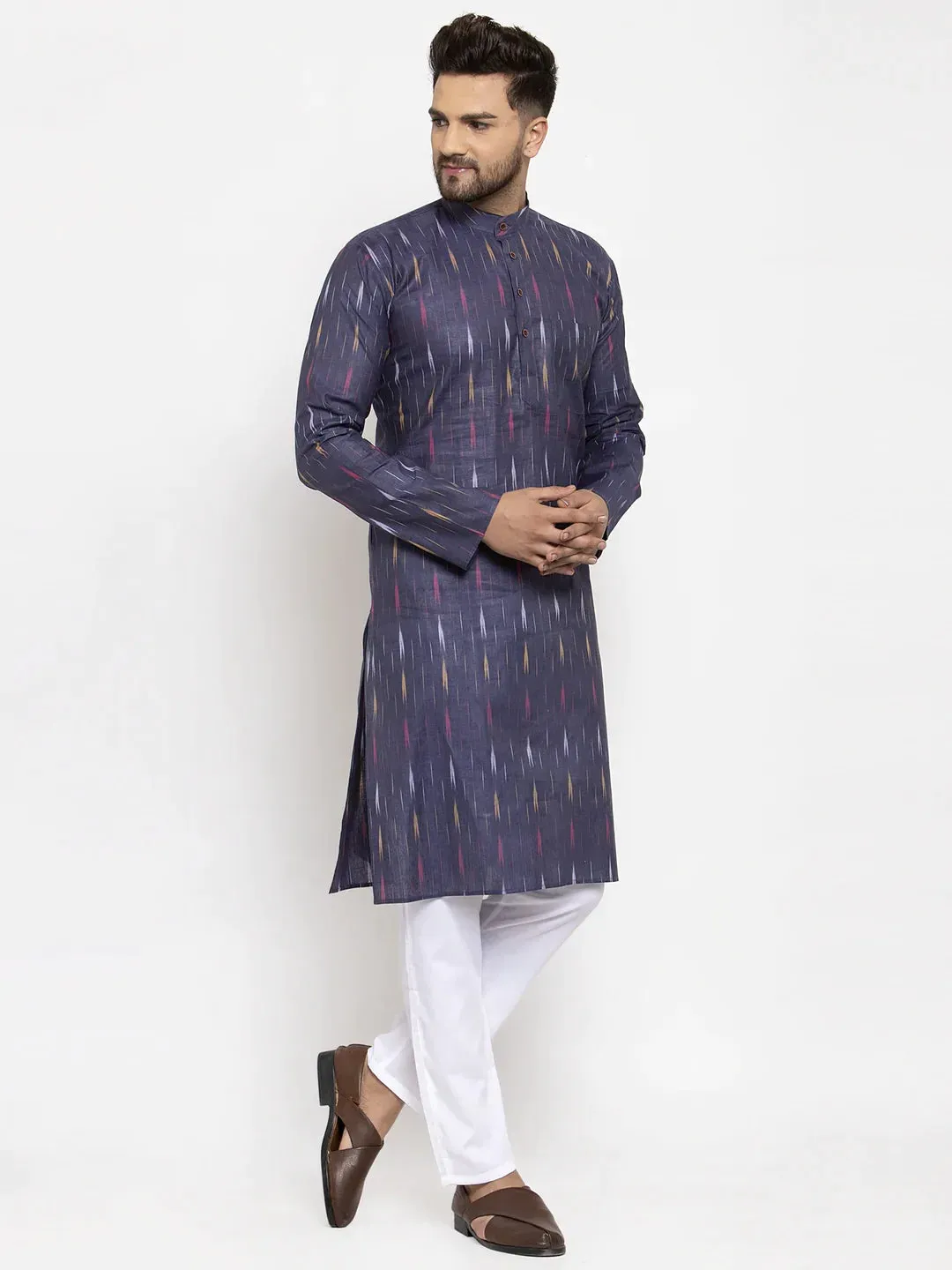 Men Navy Blue Woven Design Ikkat Straight Kurta With Churidar