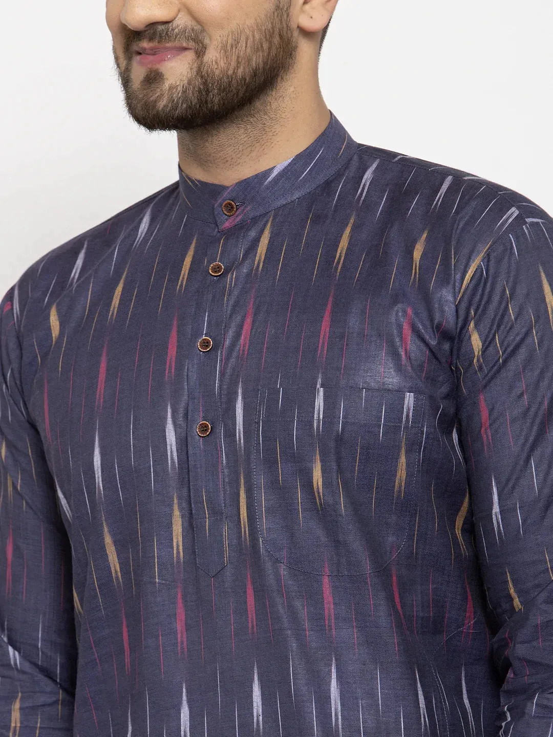 Men Navy Blue Woven Design Ikkat Straight Kurta With Churidar