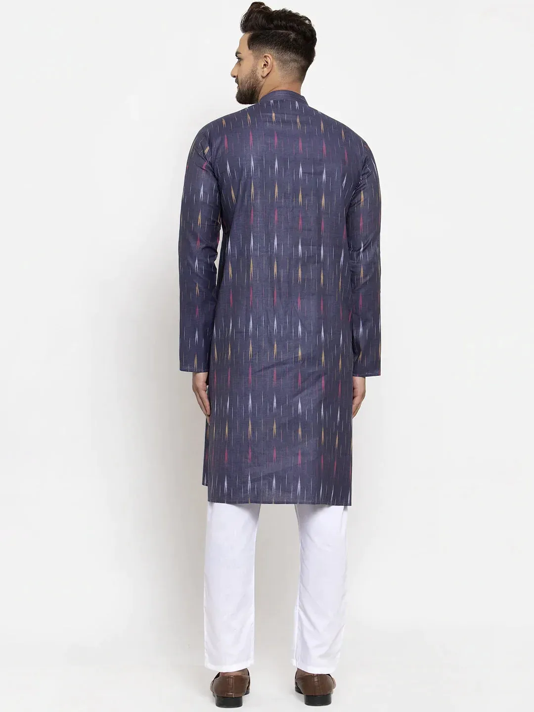 Men Navy Blue Woven Design Ikkat Straight Kurta With Churidar