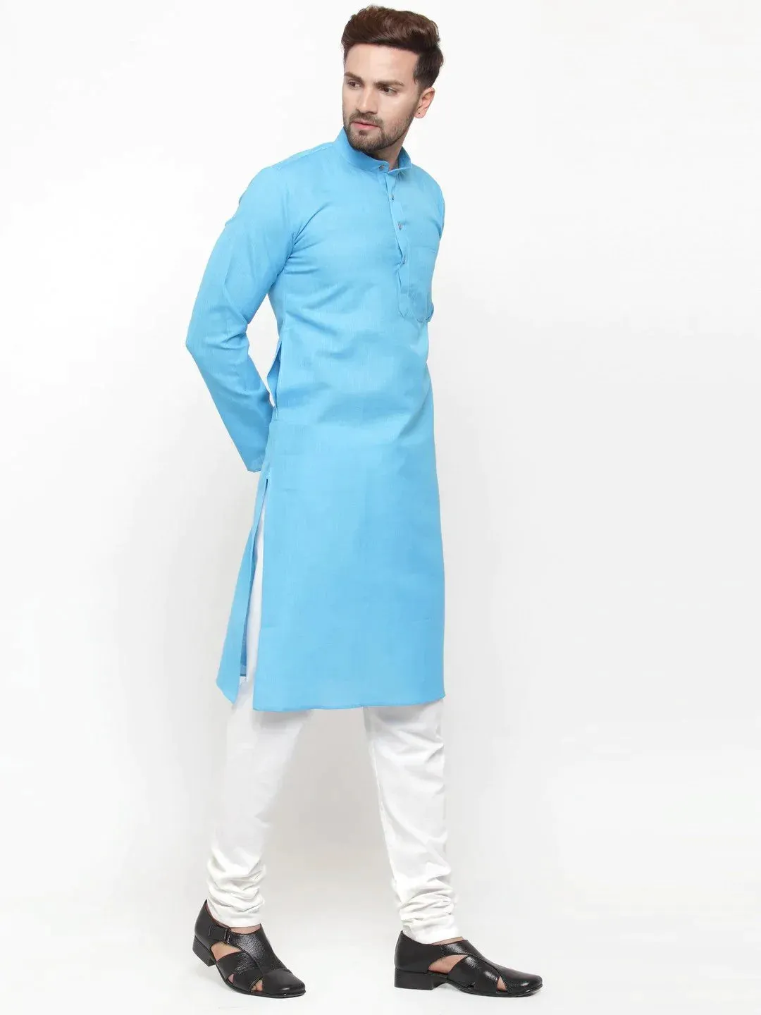 Men Sky Blue & White Solid Kurta With Churidar