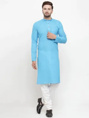 Men Sky Blue & White Solid Kurta With Churidar