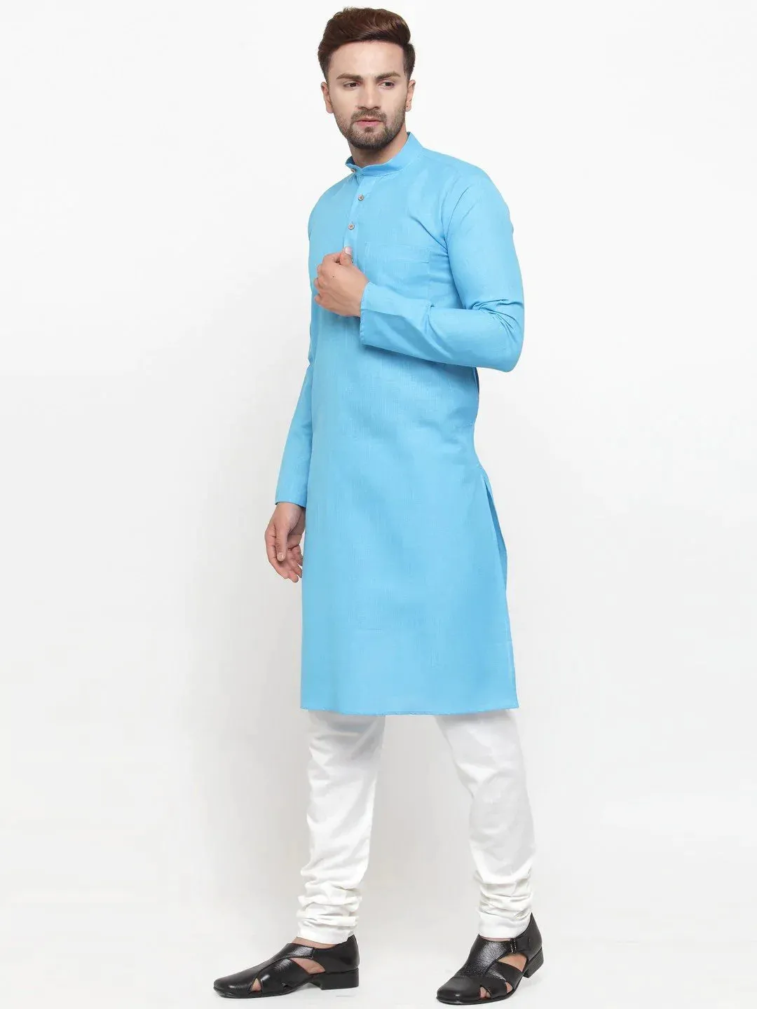 Men Sky Blue & White Solid Kurta With Churidar