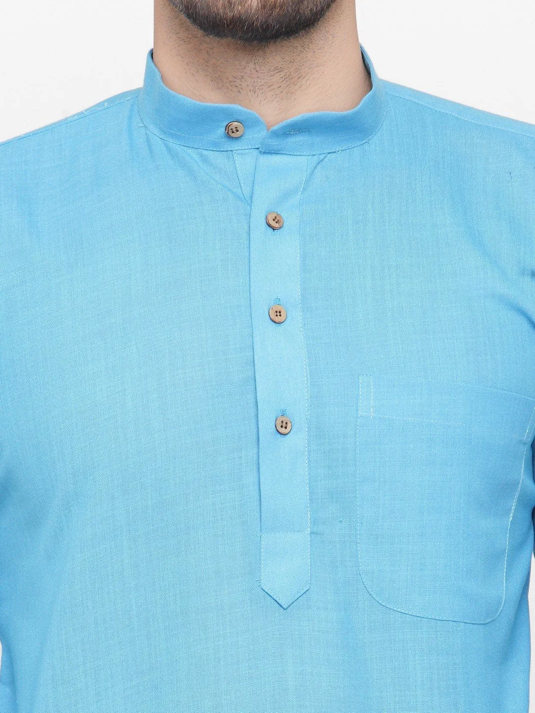 Men Sky Blue & White Solid Kurta With Churidar