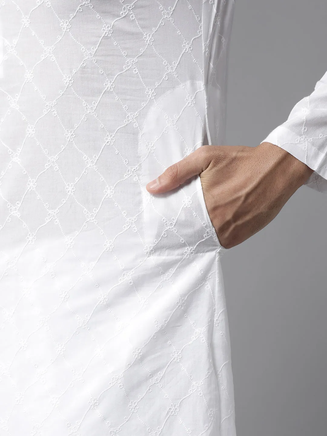 Men White Chikankari Embroidered Straight Kurta With Pyjama