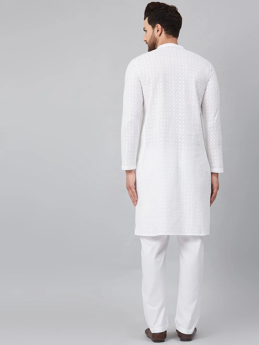 Men White Green Chikankari Embroidered Woven Design Straight Kurta With Pyjama