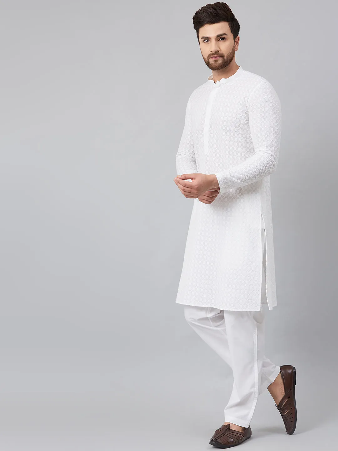 Men White Green Chikankari Embroidered Woven Design Straight Kurta With Pyjama