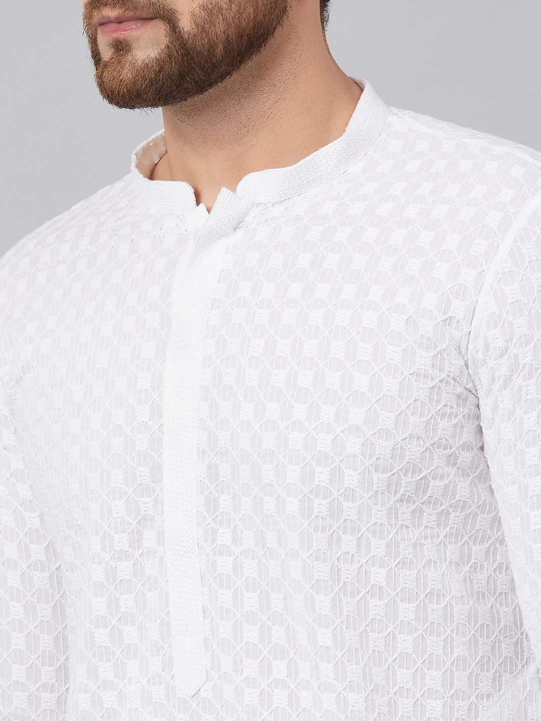 Men White Green Chikankari Embroidered Woven Design Straight Kurta With Pyjama