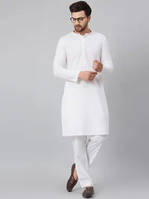 Men White Green Chikankari Embroidered Woven Design Straight Kurta With Pyjama