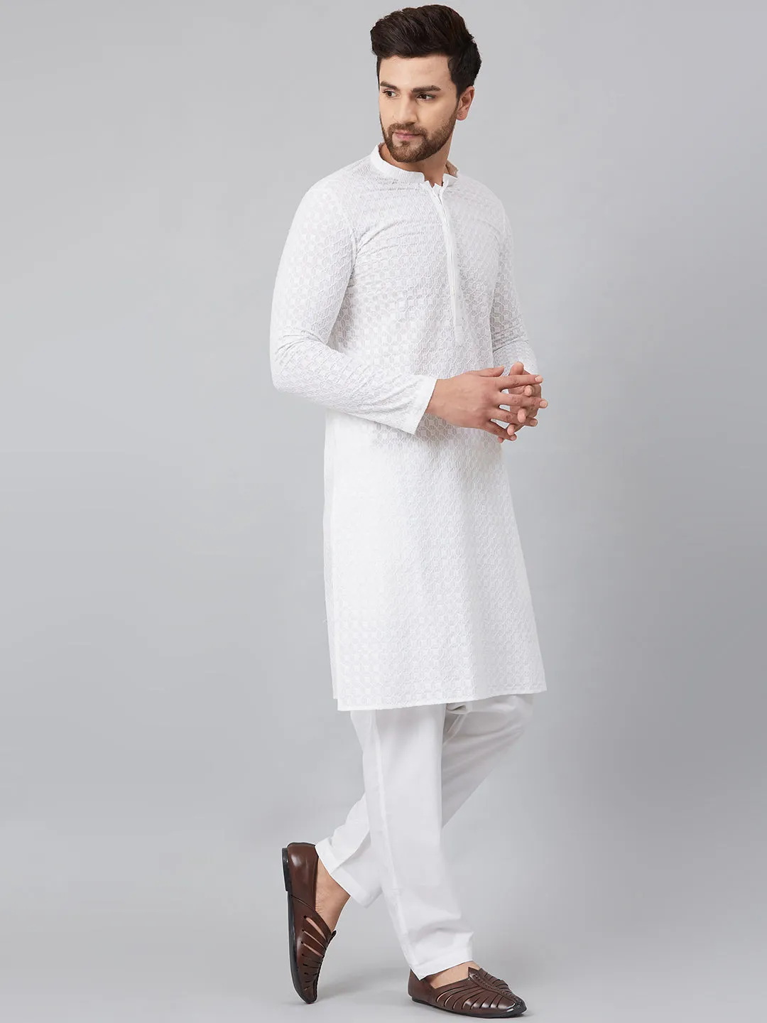 Men White Green Chikankari Embroidered Woven Design Straight Kurta With Pyjama