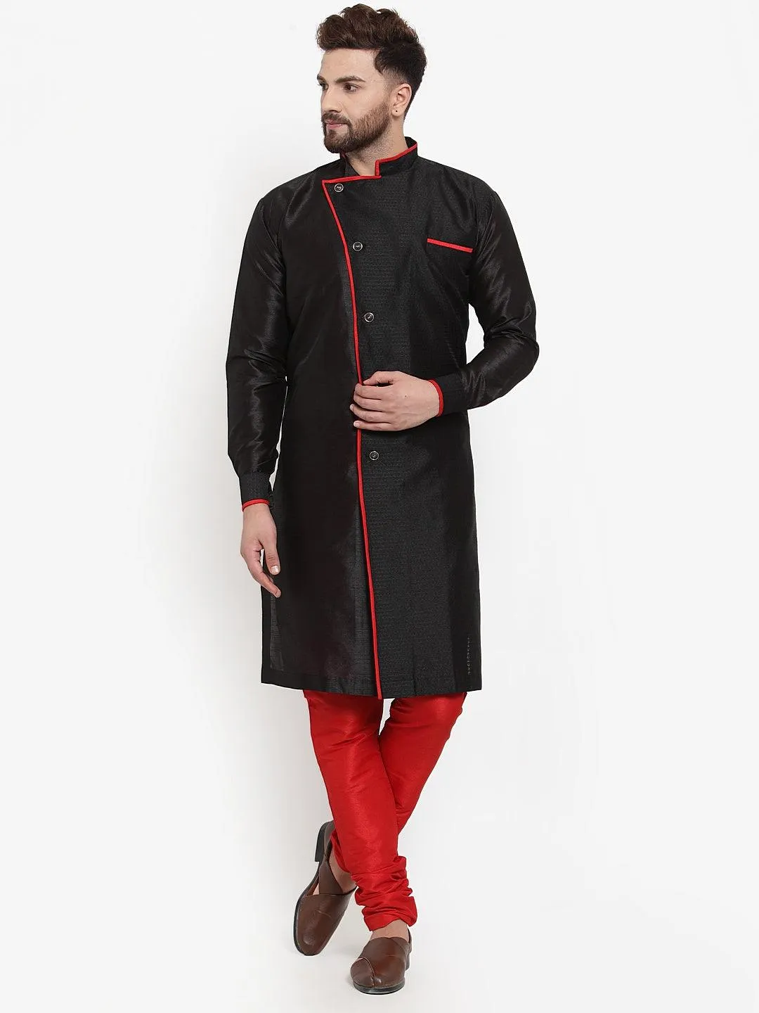 Men's Black Self Design Kurta With Maroon Churidaar Pyjama - Benstoke