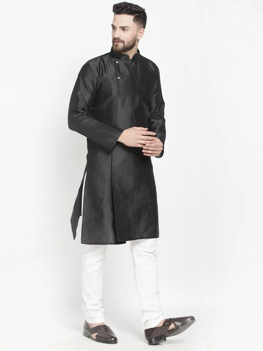 Men's Black Self Design Kurta With White Churidaar Pyjama - Benstoke