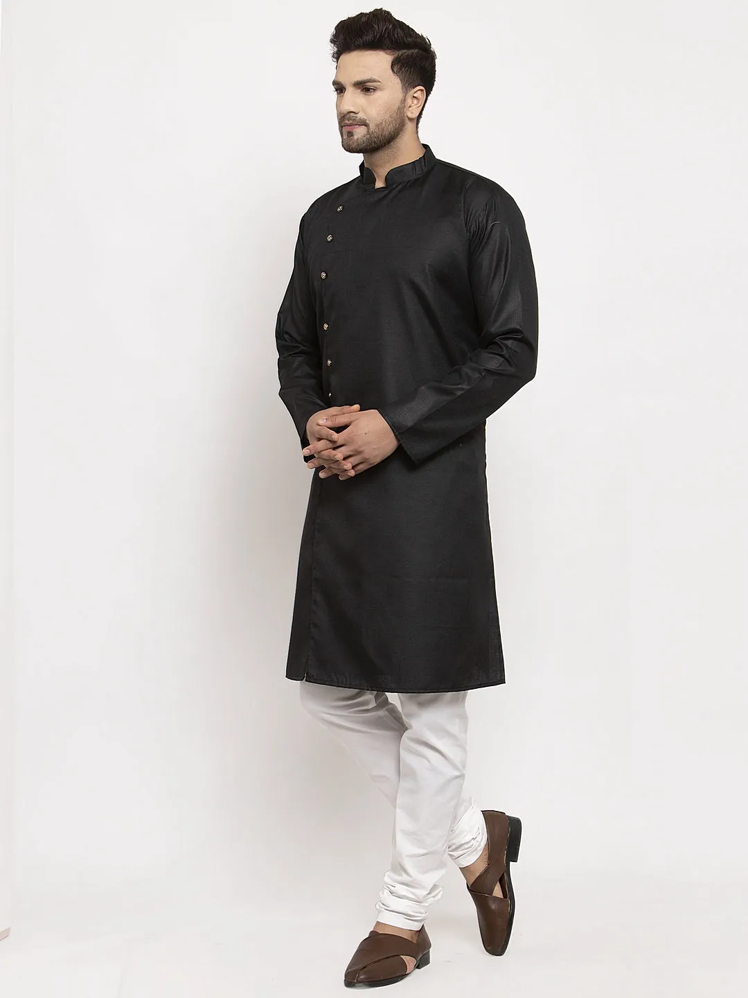 Men's Black Solid Kurta With White Churidaar Pyjama - Benstoke