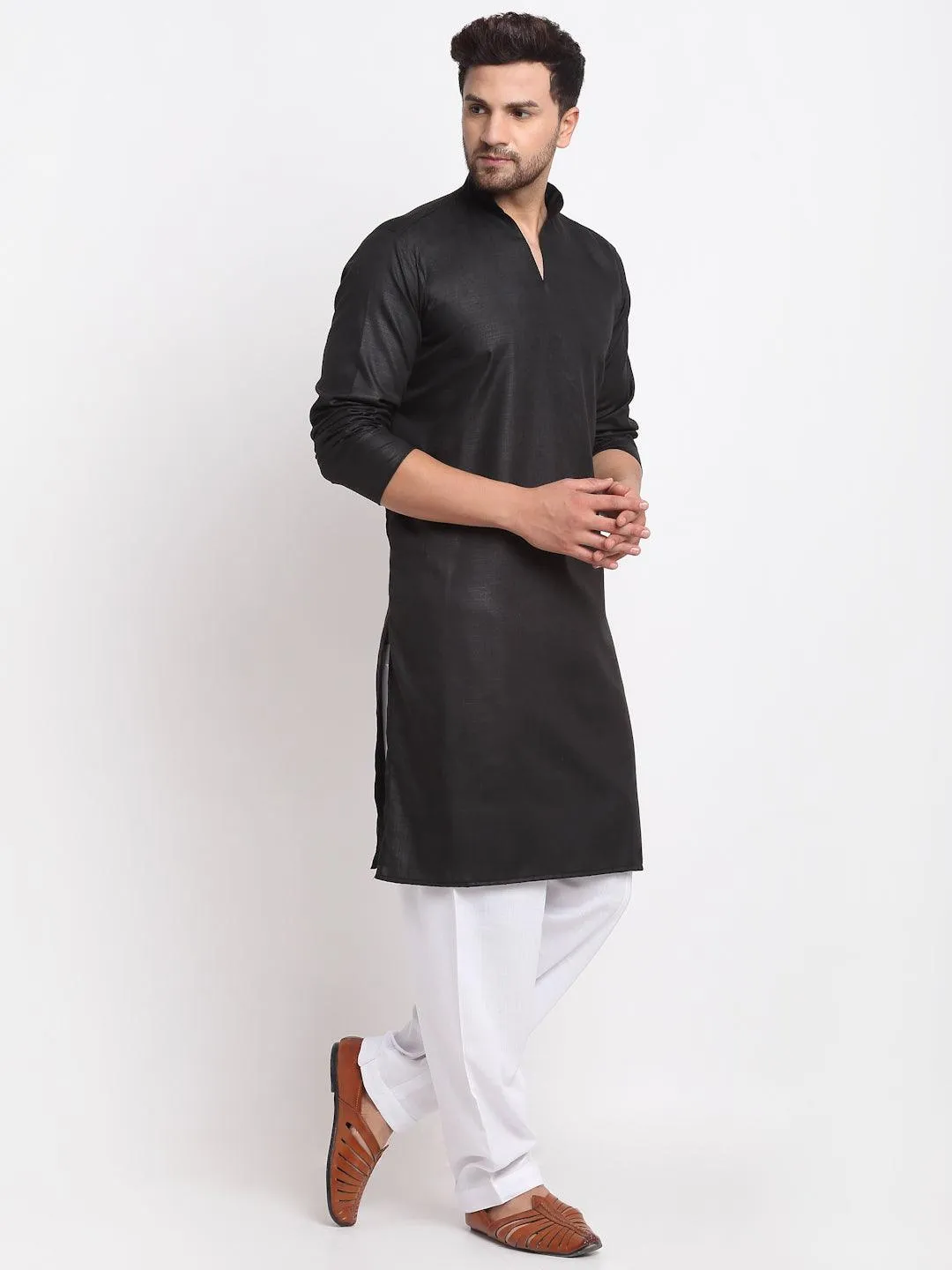 Men's Black Solid Pathani Kurta With White Salwar - Benstoke