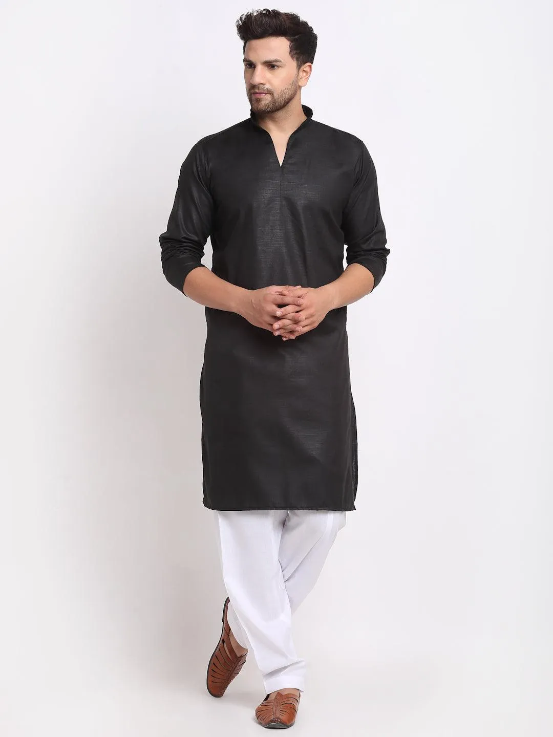 Men's Black Solid Pathani Kurta With White Salwar - Benstoke