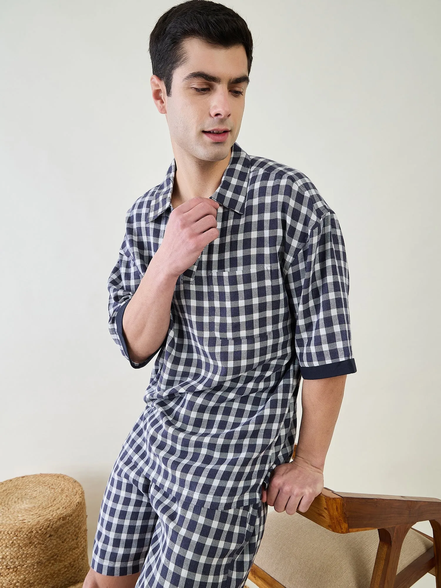 Mens Blue Checks Shorts Set