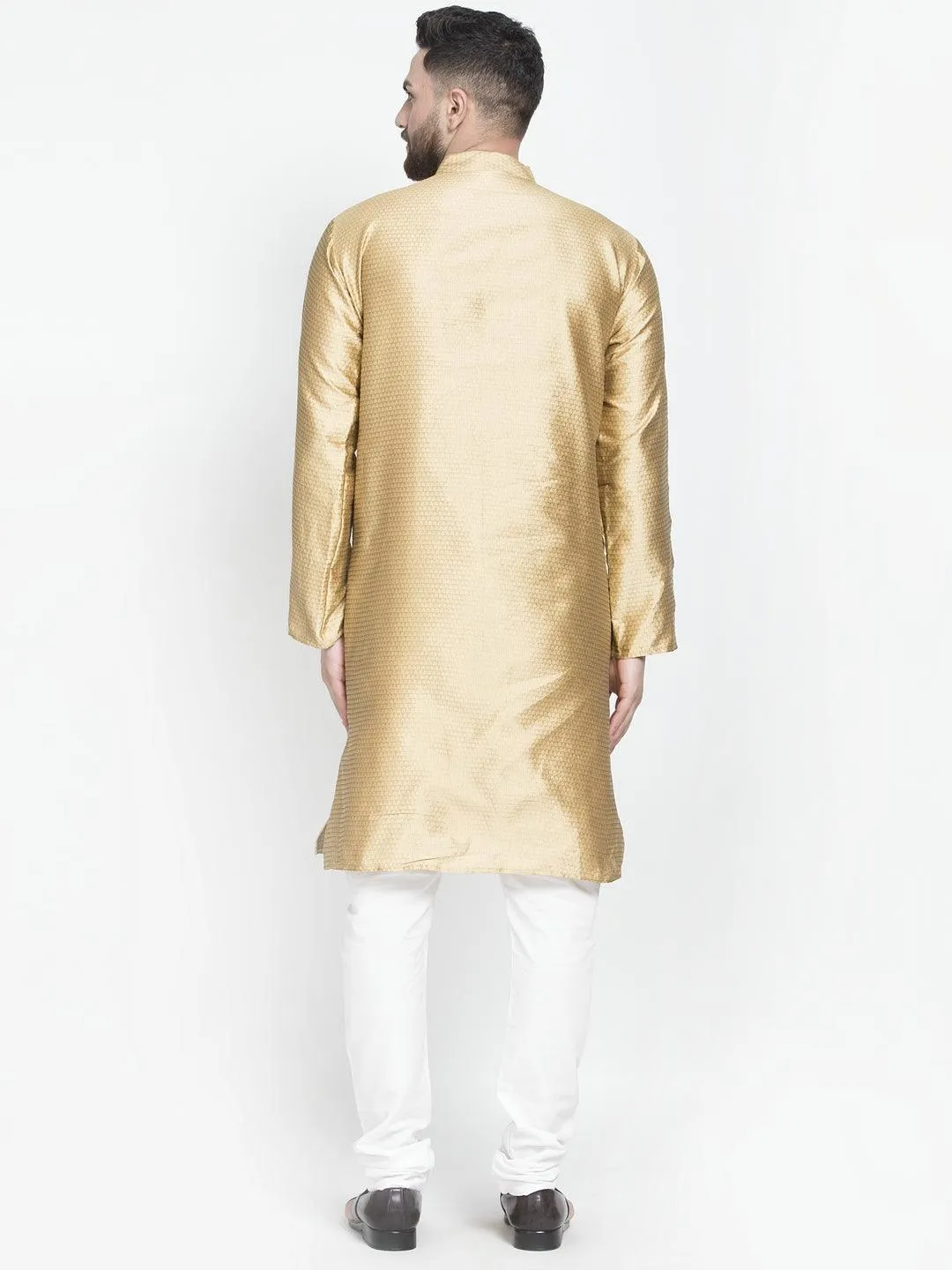 Men's Gold Self Design Kurta With White Churidaar Pyjama - Benstoke