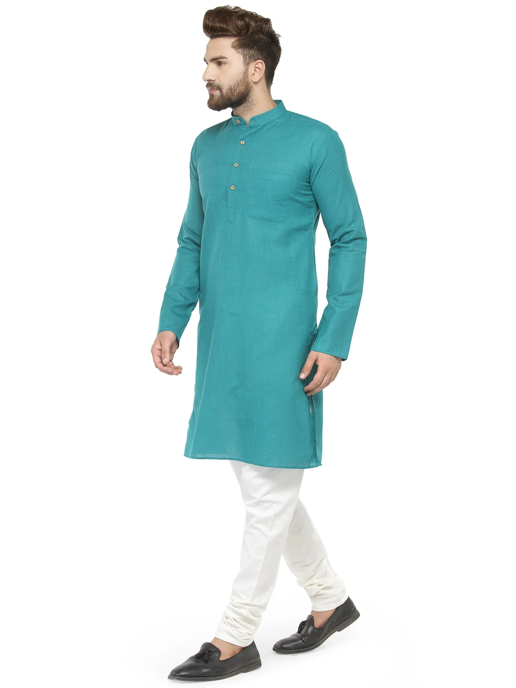 Men's Green & White Solid Kurta with Churidar ( JOKP 532 Green ) - Virat Fashions