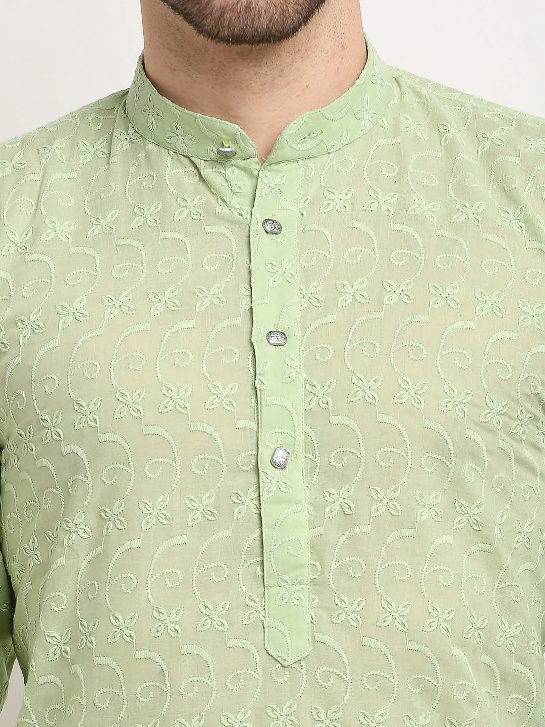 Men's Green Chikan Kurta With Churidar ( Jokp 561 Green ) - Virat Fashions