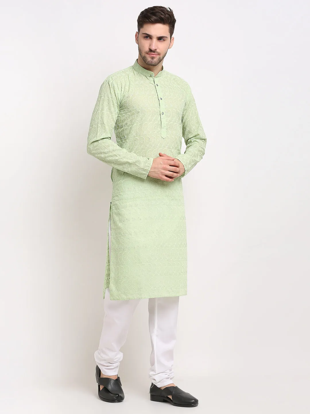 Men's Green Chikan Kurta With Churidar ( Jokp 561 Green ) - Virat Fashions