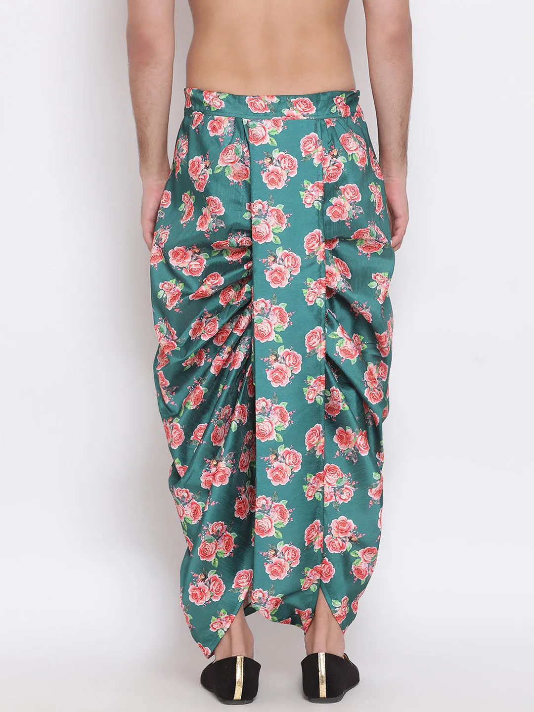 Men's Green Silk Blend Floral Printed Dhoti - Vastramay